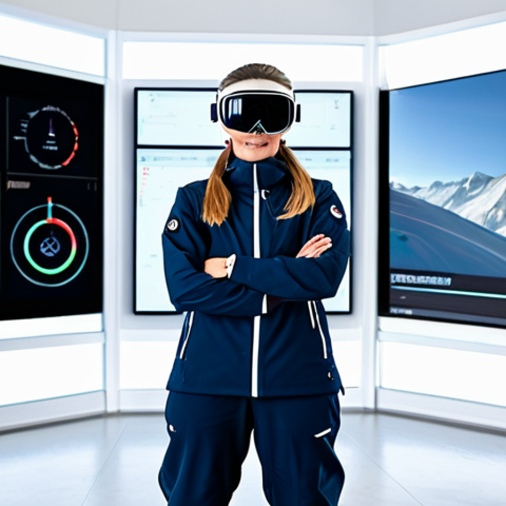 A professional female ski instructor in a modest, fully clothed ski uniform, standing confidently in a bright, modern indoor ski training facility. Large transparent screens in the background display AI-powered performance analytics, and a VR headset is visible on a nearby table, suggesting advanced training methods. She is demonstrating a precise, natural pose. safe for work, appropriate content, fully clothed, professional, perfect anatomy, correct proportions, natural body proportions, well-formed hands, proper finger count, professional photography, high quality, realistic.