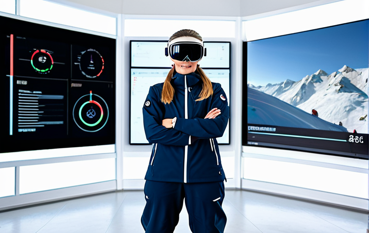 A professional female ski instructor in a modest, fully clothed ski uniform, standing confidently in a bright, modern indoor ski training facility. Large transparent screens in the background display AI-powered performance analytics, and a VR headset is visible on a nearby table, suggesting advanced training methods. She is demonstrating a precise, natural pose. safe for work, appropriate content, fully clothed, professional, perfect anatomy, correct proportions, natural body proportions, well-formed hands, proper finger count, professional photography, high quality, realistic.