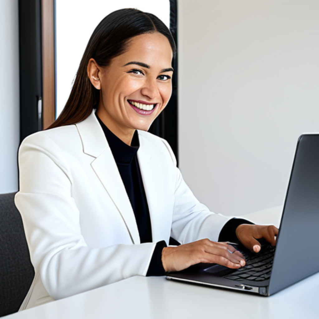 **

A determined woman, formerly a ski instructor, now a digital marketer, working on her laptop in a bright, modern home office. She is smiling confidently. Fully clothed in professional attire, safe for work, appropriate content, modest, perfect anatomy, natural proportions, well-formed hands, proper finger count, professional photography, high quality.

**