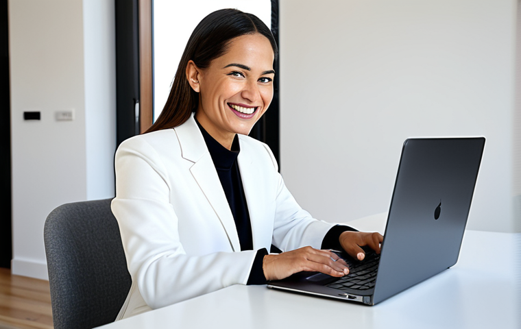 **
A determined woman, formerly a ski instructor, now a digital marketer, working on her laptop in a bright, modern home office. She is smiling confidently. Fully clothed in professional attire, safe for work, appropriate content, modest, perfect anatomy, natural proportions, well-formed hands, proper finger count, professional photography, high quality.
**